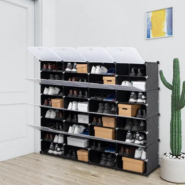 Main image of 32-Cube Stackable Shoe Organizer, DIY Plastic Shoe Storage Rack 64 Pair Modular Shoe Cabinet, Black