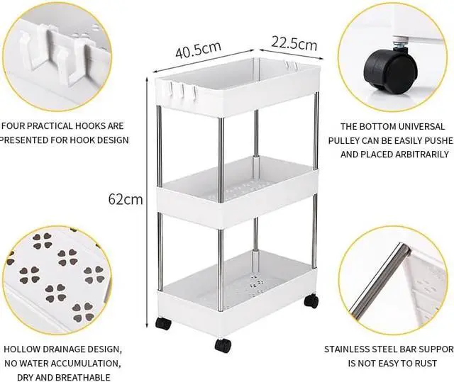 Alt view image 6 of 6 - 3-Tier Rolling Metal Storage Organizer - Mobile Utility Cart with Caster Wheels, White