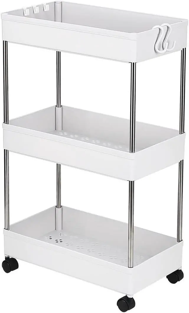 Alt view image 5 of 6 - 3-Tier Rolling Metal Storage Organizer - Mobile Utility Cart with Caster Wheels, White