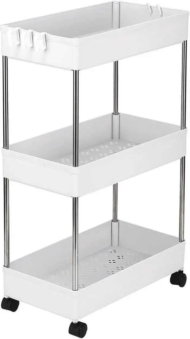 Main image of 3-Tier Rolling Metal Storage Organizer - Mobile Utility Cart with Caster Wheels, White