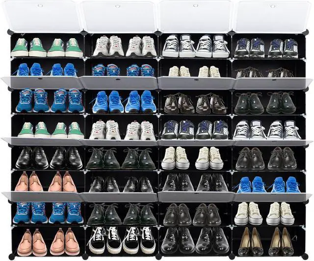 Alt view image 3 of 6 - 32-Cube Stackable Shoe Organizer, DIY Plastic Shoe Storage Rack 64 Pair Modular Shoe Cabinet, Black