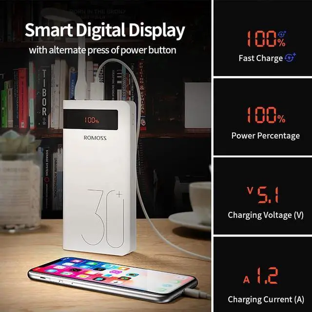 Alt view image 4 of 7 - ROMOSS Sense8P+ 30000mAh Power Bank, 18W Type C PD Fast Charge Portable Charger with 3 Outputs and 3 Inputs, Huge Capacity External Battery Pack Compatible with iPhone, iPad Pro, Samsung and More