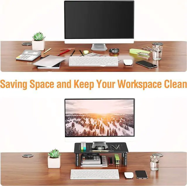 Alt view image 5 of 7 - ELIVED 2 Pack Monitor Stand Riser - 3 Height Adjustable Monitor Stand for Laptop, Computer, PC, Printer, Mesh Metal Monitor Riser for Desktop Organizer.