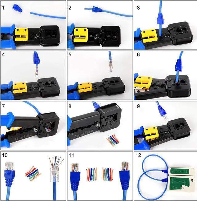 Alt view image 4 of 6 - RJ45 Crimp Tool Kit Pass Thru Cat5 Cat5e Cat6 RJ45 Crimping Tool with 20PCS RJ45 Cat6 Pass Through Connectors, 20PCS Covers, 1 Network Cable Tester,1 Wire Punch Down Cutter and 1 Mini Screwdriver