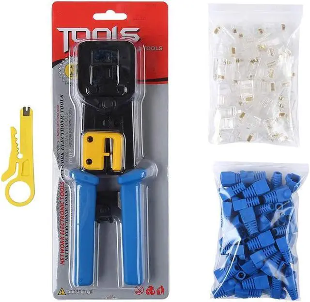 Alt view image 6 of 6 - RJ45 Crimp Tool Pass Through Cat5 Cat5e Cat6 Crimping Tool for RJ45/RJ12 Regular and End-Pass-Through Connectors with 50PCS CAT5 CAT5e Connectors, 50PCS Covers and Mini Wire Stripper