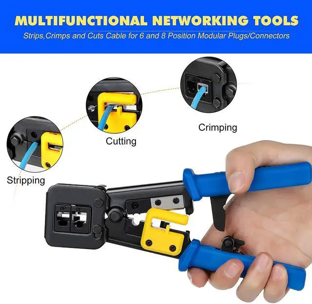 Alt view image 2 of 6 - RJ45 Crimp Tool Kit Pass Thru Cat5 Cat5e Cat6 RJ45 Crimping Tool with 20PCS RJ45 Cat6 Pass Through Connectors, 20PCS Covers, 1 Network Cable Tester,1 Wire Punch Down Cutter and 1 Mini Screwdriver