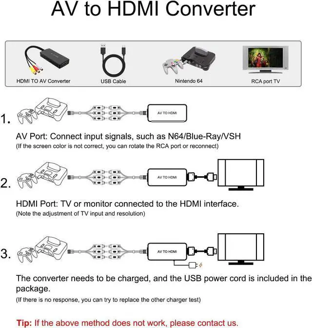 Alt view image 4 of 5 - LVY RCA to HDMI Converter AV to HDMI Adapter Composite/CVBS to HDMI Video Audio Converter, Widely Compatible with Various RCA Equipment for N64, PS2, PC, Laptop, VHS, VCR, Camera DV ect.