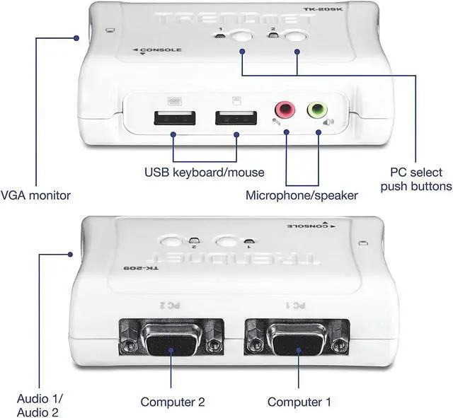 Alt view image 2 of 7 - TRENDnet 2-Port USB KVM Switch and Cable Kit with Audio, Manage Two PCs, USB 1.1, Hot-Plug, Auto-Scan, Hot-Keys, Windows & Linux Compliant, TK-209K