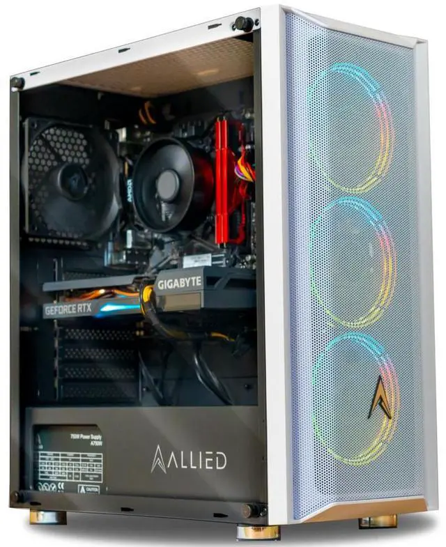 Main image of Allied Gaming Patriot Desktop PC: AMD Ryzen 5 3600, Nvidia RTX 3060, 16GB DDR4 3200MHz, 500GB PCIe NVMe SSD, B450M Motherboard, 750 Watt Power Supply, ARGB Fans, WiFi Ready