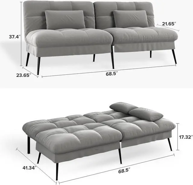 Alt view image 2 of 7 - COMHOMA Convertible Futon Sofa Bed, 68Fabric Futon Couch with Adjustable Backrest, Folding Futon Sleeper Recliner for Living Room Furniture (Grey)