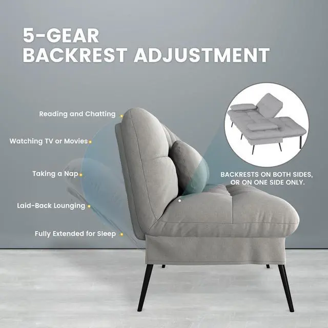 Alt view image 5 of 7 - COMHOMA Convertible Futon Sofa Bed, 68Fabric Futon Couch with Adjustable Backrest, Folding Futon Sleeper Recliner for Living Room Furniture (Grey)