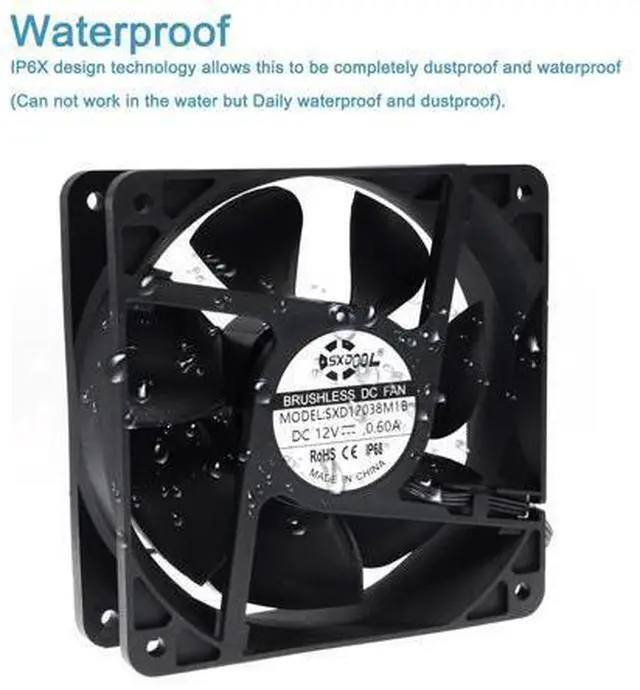 Main image of Waterproof 120mm 12cm(120X120X38mm) Cooling Fan DC12V 3600RPM High Airflow ,SXD12038M1B Universal For Home Bathroom Grow Room Ventilation Vent
