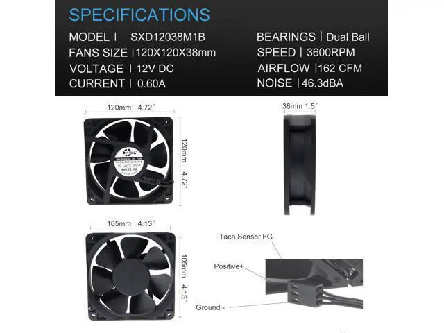 Alt view image 2 of 6 - Waterproof 120mm 12cm(120X120X38mm) Cooling Fan DC12V 3600RPM High Airflow ,SXD12038M1B Universal For Home Bathroom Grow Room Ventilation Vent