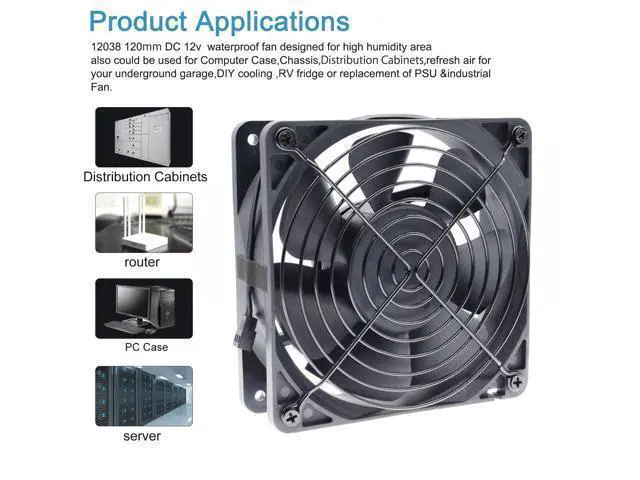 Alt view image 3 of 6 - Waterproof 120mm 12cm(120X120X38mm) Cooling Fan DC12V 3600RPM High Airflow ,SXD12038M1B Universal For Home Bathroom Grow Room Ventilation Vent