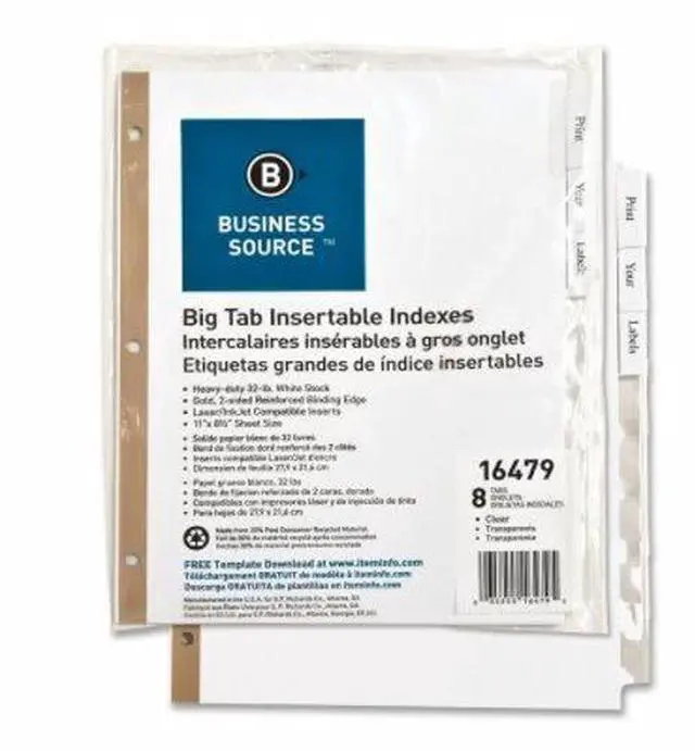 Alt view image 6 of 12 - Business Source Index Dividers 8-Tab 11"x8-1/2" White Stock/Clear Tabs 16479