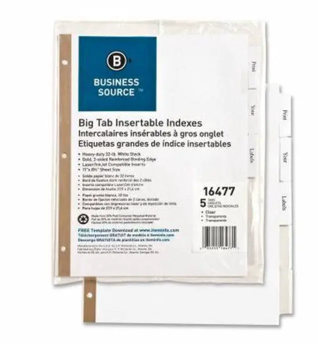 Alt view image 6 of 6 - Business Source Index Dividers 5-Tab 11"x8-1/2" White Stock/Clear Tabs 16477