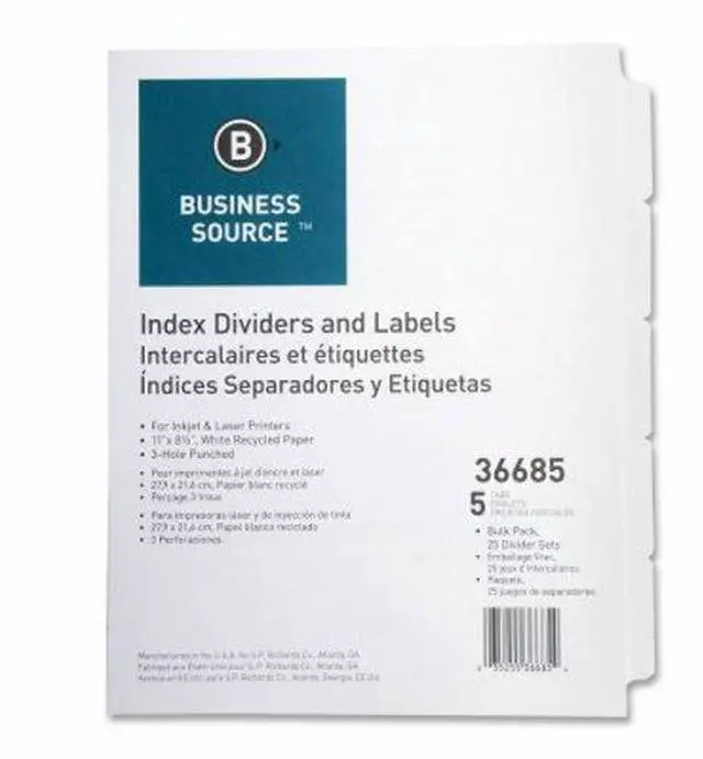 Alt view image 5 of 8 - Business Source Index Dividers 3HP 5-Tab 25 ST/PK 11"x8-1/2" White 36685