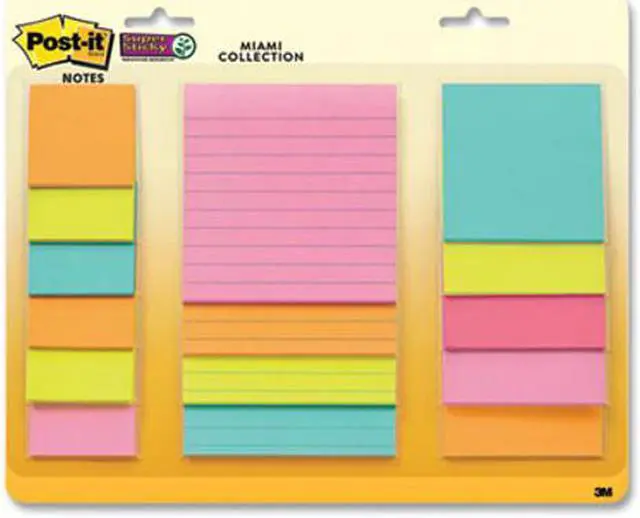 Alt view image 2 of 13 - Post-it Super Sticky Notes, Assorted Sizes, 15 Pads, 2x the Sticking Power, Miami Collection, Neon Colors (Orange, Pink, Blue, Green), Recyclable (4423-15SSMIA)