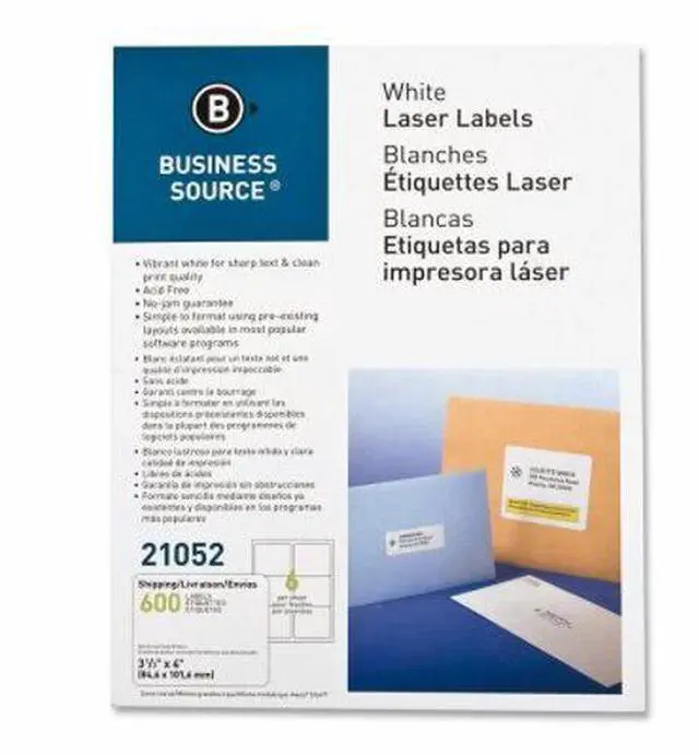 Alt view image 5 of 5 - Business Source Mailing Label Laser 3-1/3"x4" 600/PK White 21052