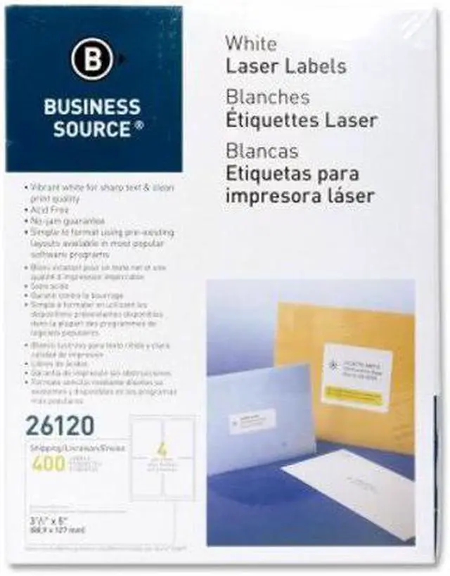 Alt view image 4 of 4 - Business Source Mailing Labels Shipping Laser 3-1/2"x5" 400/PK White 26120