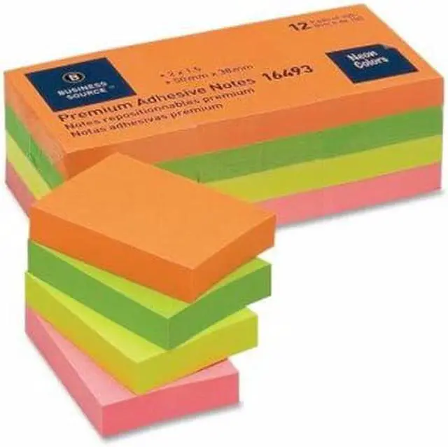 Alt view image 3 of 3 - Business Source Adhesive Notes Plain 1-1/2"x2" 100 Sh/PD 12PD/PK Neon 16493