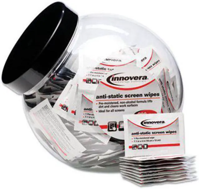 Alt view image 4 of 10 - Innovera 51517 Anti-Static Screen Cleaning Wipes, 200 Sachets, Fishbowl Black Top