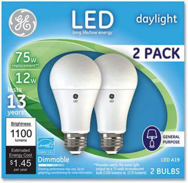 Alt view image 3 of 3 - GE LED Daylight A21 Dimmable Light Bulb, 12 W, 2/Pack 66117