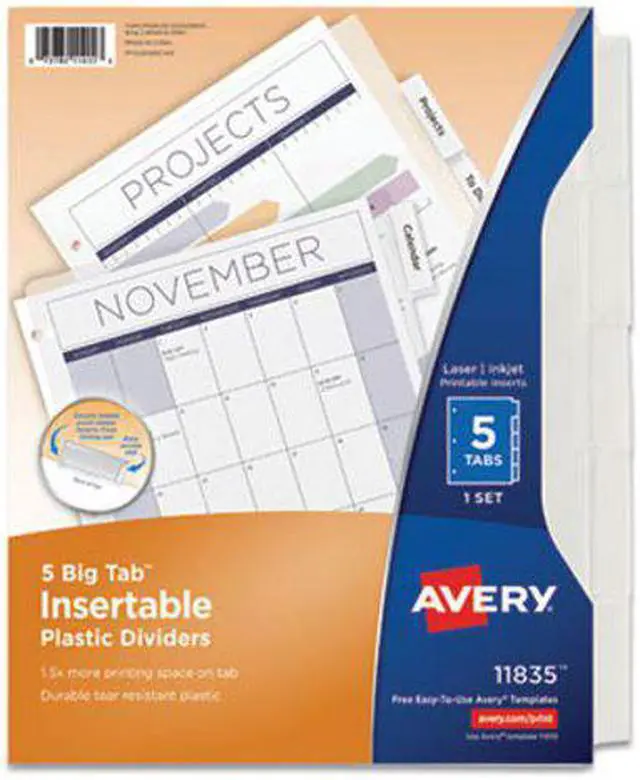 Main image of Avery Insertable Big 5-Tab Plastic Dividers, 11 x 8.5, Clear, 1 Set (AVE11835)