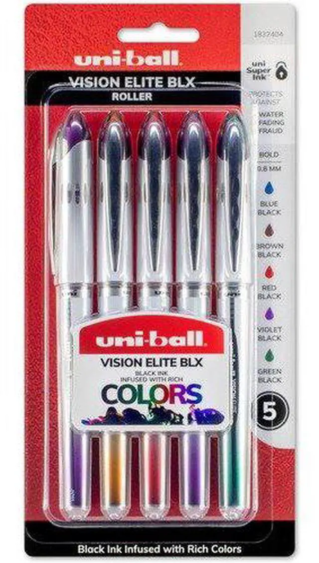 Alt view image 12 of 12 - Uni-Ball 1832404 Vision Elite BLX Series Rollerball Pen, 0.8 mm, Assorted, 5-Pk