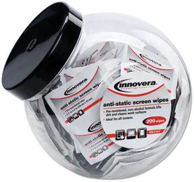 Alt view image 5 of 10 - Innovera 51517 Anti-Static Screen Cleaning Wipes, 200 Sachets, Fishbowl Black Top