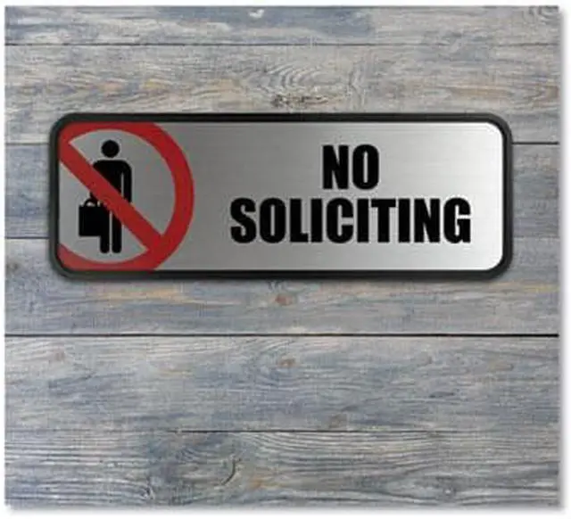 Alt view image 3 of 6 - Consolidated Stamp 098208 Brushed Metal Office Sign, No Soliciting - Silver & Red