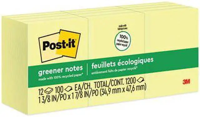 Alt view image 11 of 16 - Post-it Recycled Note Pads 1 1/2 x 2 Canary Yellow 100-Sheet 12/Pack 653RPYW
