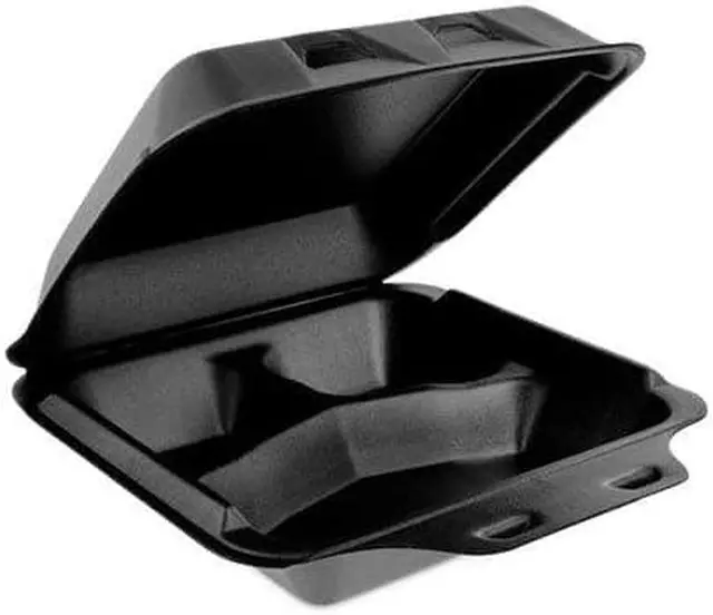 Alt view image 9 of 10 - Pactiv Foam Hinged Containers, Medium, 8 x 8.5 x 3, 3-Compartment, Black