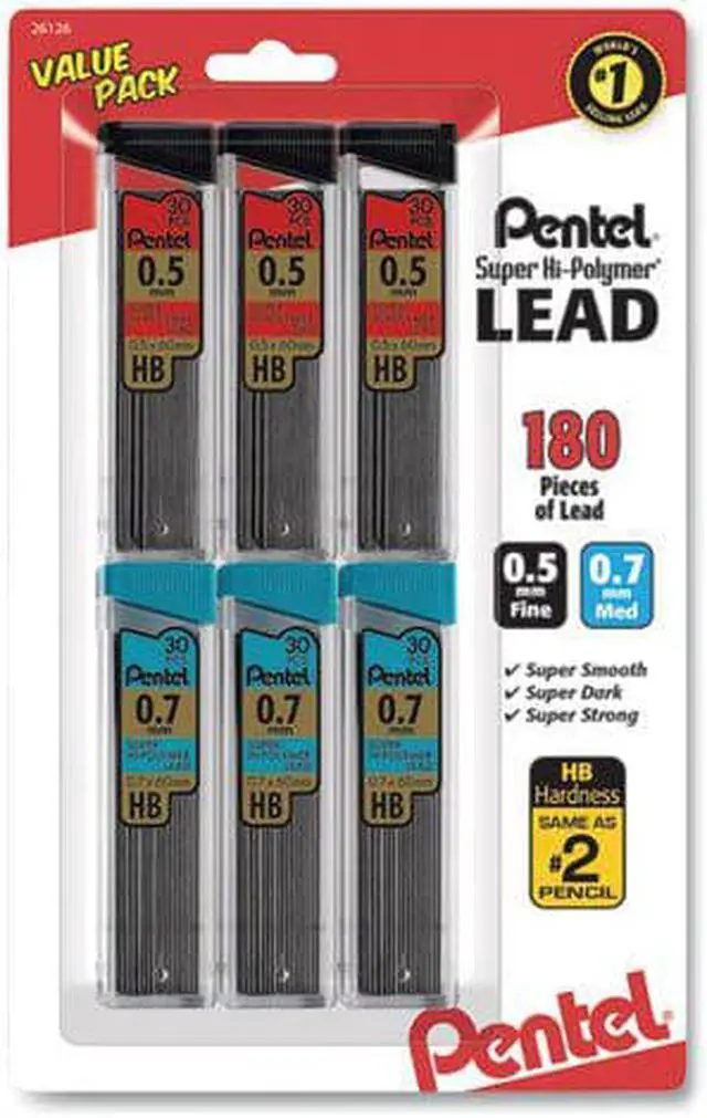 Alt view image 4 of 7 - Pentel C257BPHB6 Super Hi-Polymer Lead Refills, 0.5Mm, 0.7Mm, Hb, Black, 30/Tube, 6 Tubes/Pack