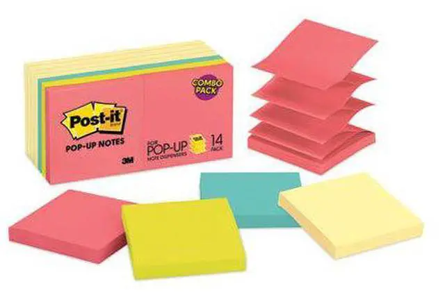 Alt view image 14 of 20 - 3M R33014YWM Pop-Up Note Pad Refills, 3 x 3, 7 Canary Yellow & 7 Asst. Brights 100-Sheet Pads