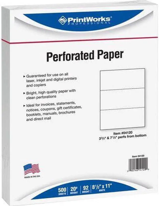Alt view image 5 of 7 - 8-1/2'' x 11" Laser Cut Sheet, 20# White Stock, 2 Horizontal Perforations 3-2/3" and 7-1/3" from Bottom (Carton of 2500)