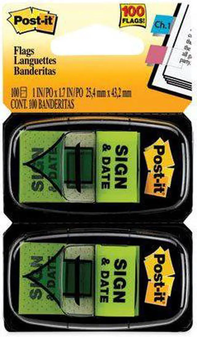 Alt view image 9 of 17 - Post-it Arrow Message 1" Page Flags "Sign and Date" Green 2 50-Flag Dispensers