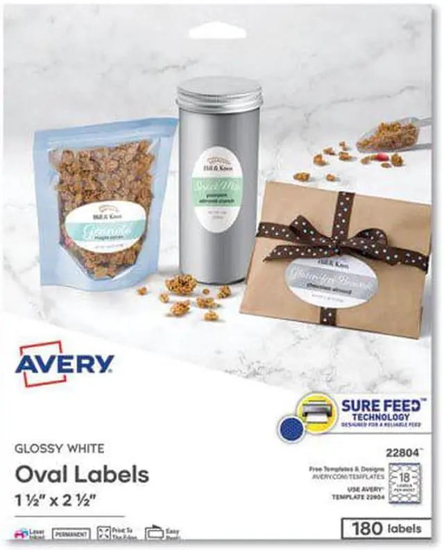 Main image of Avery Oval Easy Peel Labels, 1-1/2 x 2-1/2, Glossy White 180/Pack (AVE22804)