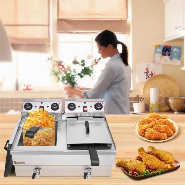 Alt view image 7 of 7 - 16.9QT / 16L Total Capacity 24.9QT/23.6L Stainless Steel Faucet Double Tank Deep Fryer 3400W MAX (8L 8L Big Blue/Large Handle)