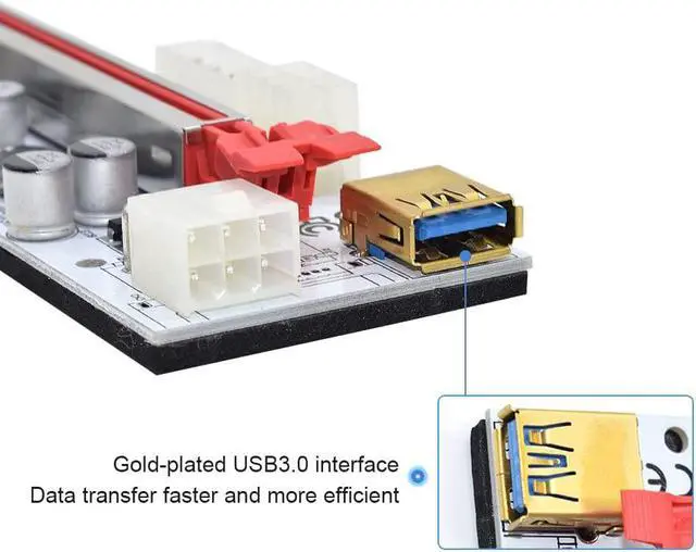 Alt view image 5 of 6 - PCIe Riser Card 1X to 16X Graphics Extension for GPU Mining, Power Riser Adapter Card with 8 Solid Capacitors, USB3.0 Cable, Upgrade Version Riser for Bitcoin ETH Mining (6 PCS)
