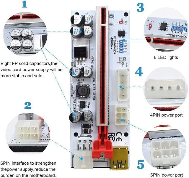 Alt view image 6 of 6 - PCIe Riser Card 1X to 16X Graphics Extension for GPU Mining, Power Riser Adapter Card with 8 Solid Capacitors, USB3.0 Cable, Upgrade Version Riser for Bitcoin ETH Mining (6 PCS)