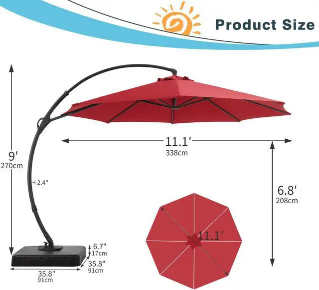 Alt view image 2 of 4 - 11 ft Deluxe Patio Umbrella with Base,Outdoor Large Hanging Cantilever Curvy Umbrella with 360° Rotation for Pool,Garden,Deck, Lawn(RED)