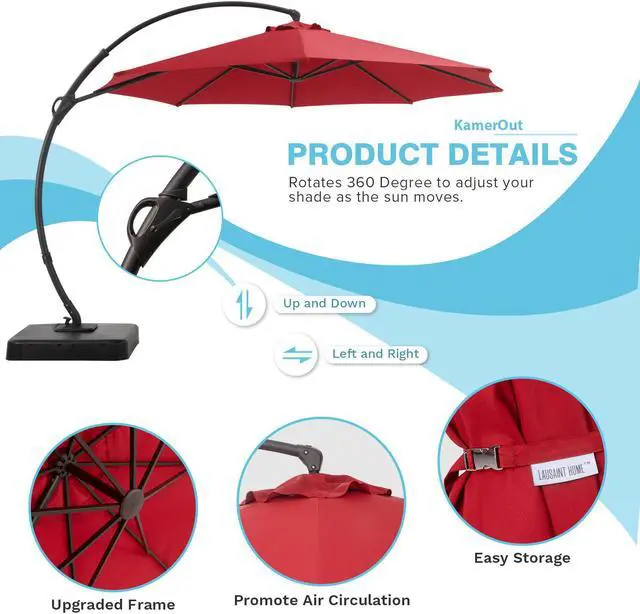 Alt view image 3 of 4 - 11 ft Deluxe Patio Umbrella with Base,Outdoor Large Hanging Cantilever Curvy Umbrella with 360° Rotation for Pool,Garden,Deck, Lawn(RED)