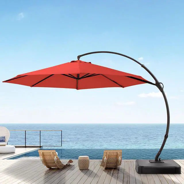Alt view image 4 of 4 - 11 ft Deluxe Patio Umbrella with Base,Outdoor Large Hanging Cantilever Curvy Umbrella with 360° Rotation for Pool,Garden,Deck, Lawn(RED)