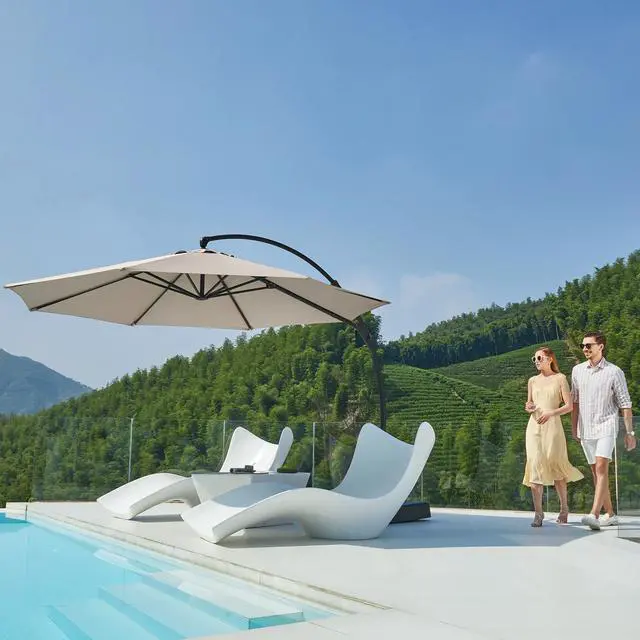 Alt view image 7 of 7 - 11 ft Deluxe Patio Umbrella with Base Included,Outdoor Large Hanging Cantilever Curvy Umbrella with 360° Rotation for Pool,Garden,Deck,Lawn(Champagne)