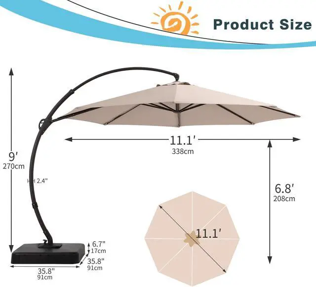 Alt view image 2 of 7 - 11 ft Deluxe Patio Umbrella with Base Included,Outdoor Large Hanging Cantilever Curvy Umbrella with 360° Rotation for Pool,Garden,Deck,Lawn(Champagne)