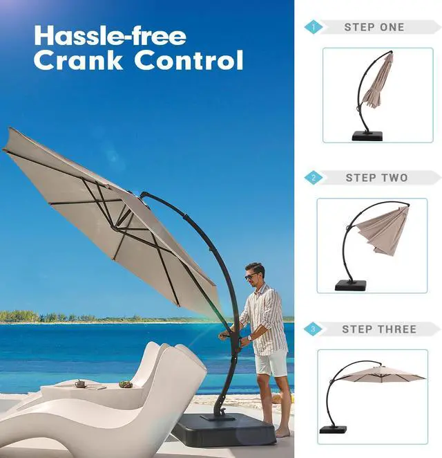 Alt view image 3 of 7 - 11 ft Deluxe Patio Umbrella with Base Included,Outdoor Large Hanging Cantilever Curvy Umbrella with 360° Rotation for Pool,Garden,Deck,Lawn(Champagne)