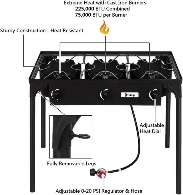 Alt view image 2 of 7 - Outdoor Camp Stove High Pressure Propane Gas Cooker, Portable Cast Iron Patio Cooking Burner (Three Burner 225000-BTU)