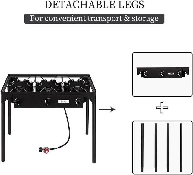 Alt view image 4 of 7 - Outdoor Camp Stove High Pressure Propane Gas Cooker, Portable Cast Iron Patio Cooking Burner (Three Burner 225000-BTU)