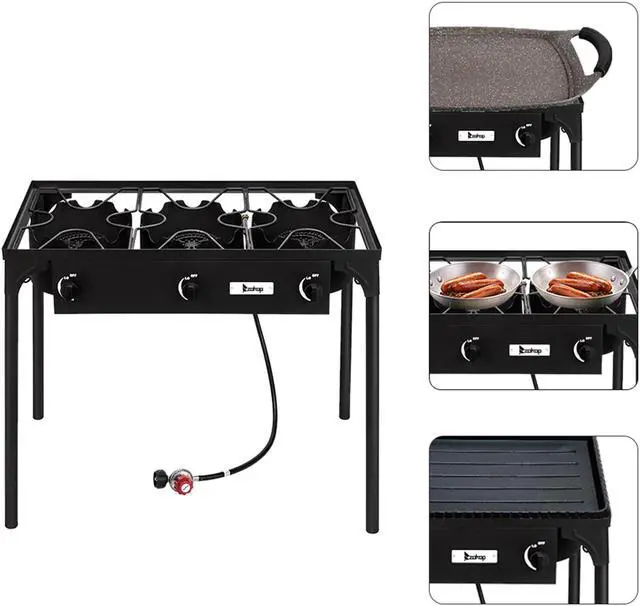 Alt view image 5 of 7 - Outdoor Camp Stove High Pressure Propane Gas Cooker, Portable Cast Iron Patio Cooking Burner (Three Burner 225000-BTU)